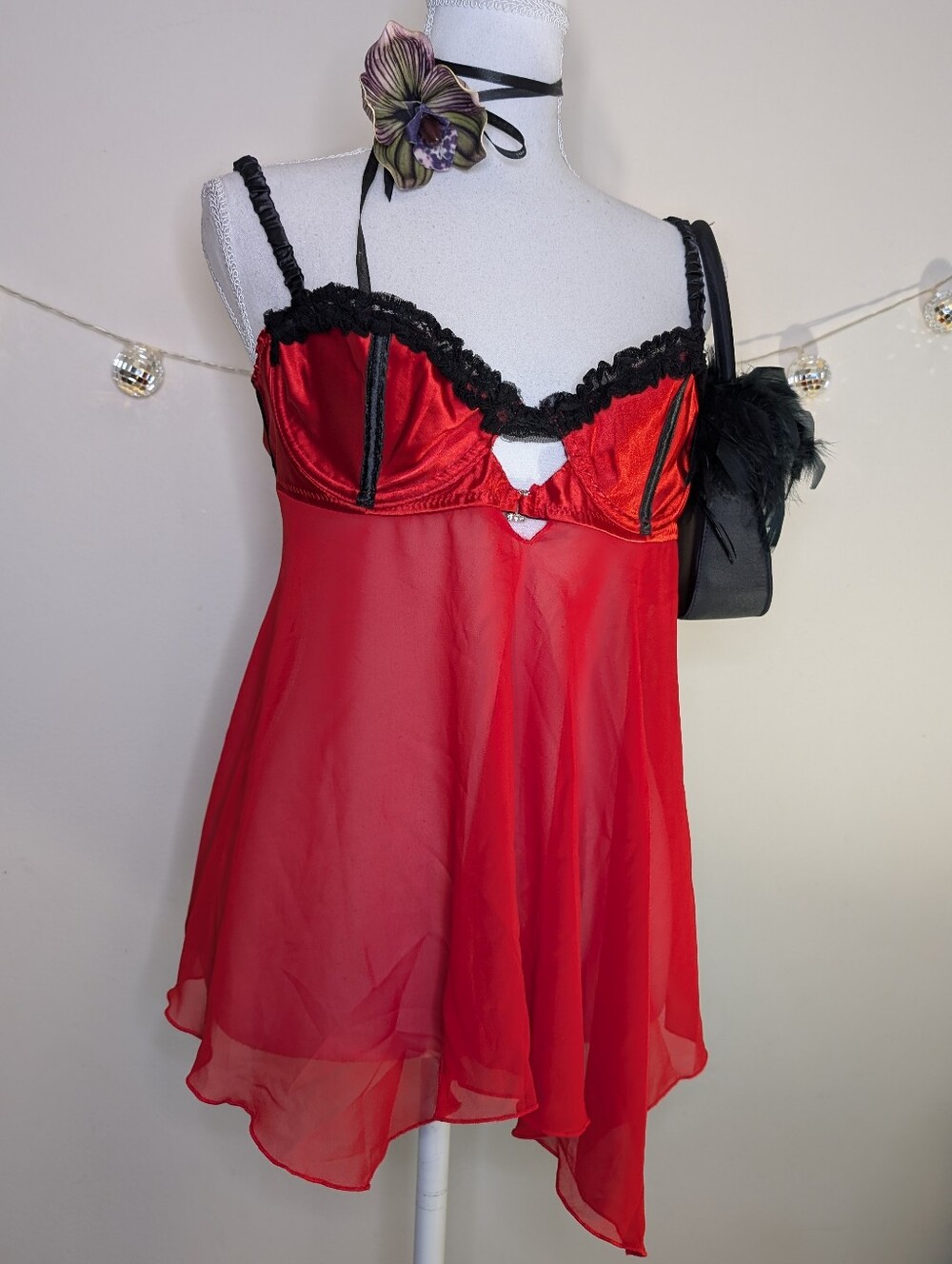Frederick's of Hollywood Red Satin & Sheer Babydoll with Black Lace